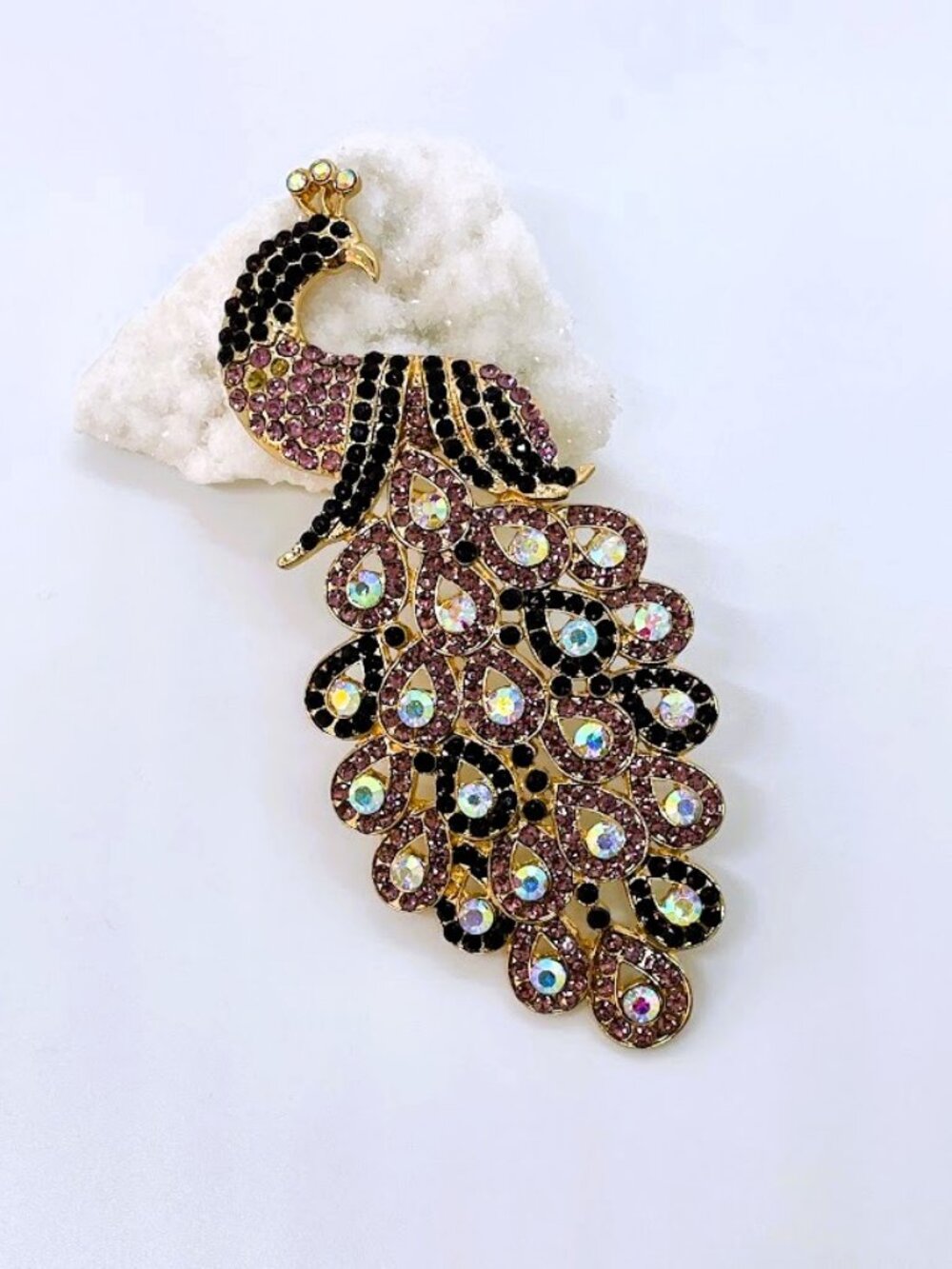 Large Peacock statement Pin Brooch Purple and Mauve sparkling stones on Gold